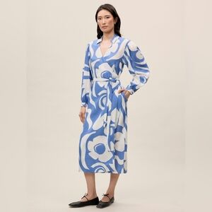 New Rebecca Taylor Silhouette Fleur Long Sleeve Wrap Dress Blue Floral Sz Medium